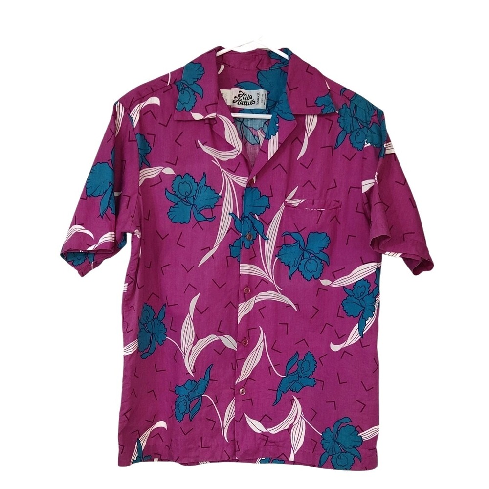Hilo Hattie's Hawaii Vintage T-shirt Blue Flowers Pink Hawaiian Shirt Men's L